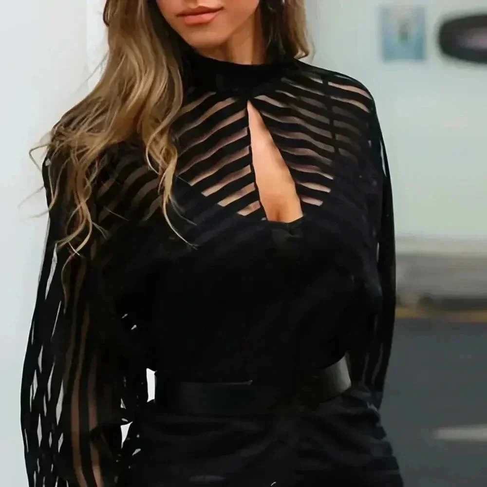 Black Mock Neck Long Sleeve Cut Out Blouse